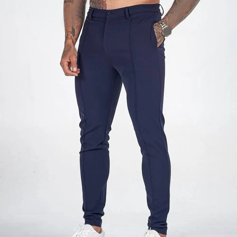 Adjustable Waist Pants Men Solid Color Pants Men Trousers Stylish Men's Slim Fit Business Trousers Breathable Soft Thin Fabric with Ankle