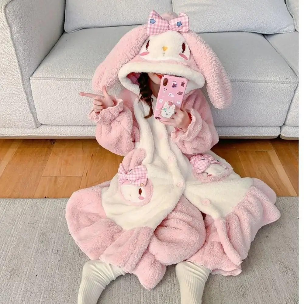 Kawaii Sanrio My Melody Girls Nightgown Suit Autumn Winter Pajamas Anime Sleepwear Flannel Homewear Child Cute Loungewear Robe