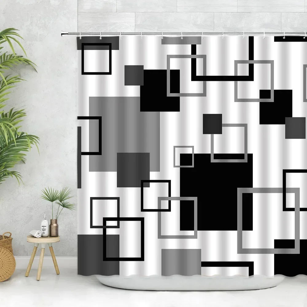 thumbnail image 1 of Juego de cortinas de ducha modernas negras con ganchos: cortinas de ducha en blanco y negro para baño, cortinas de baño geométricas de tela con ganchos, 1 of 4