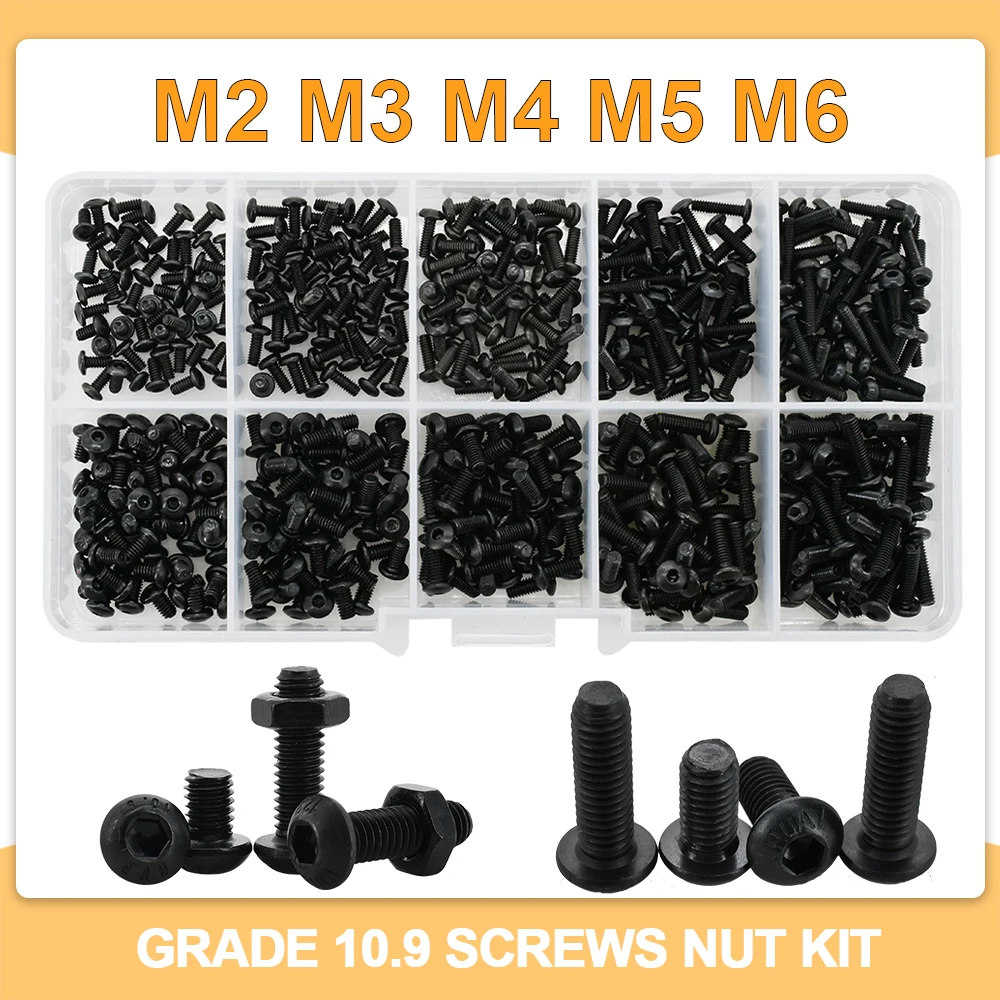 Grade 10.9 Round Head Hexagon Socke Screws M2 M3 M4 M5 M6 Motor Fairing Bolts ISO7380 Black Alloy Steel Hex Allen Bolt Nut Kit