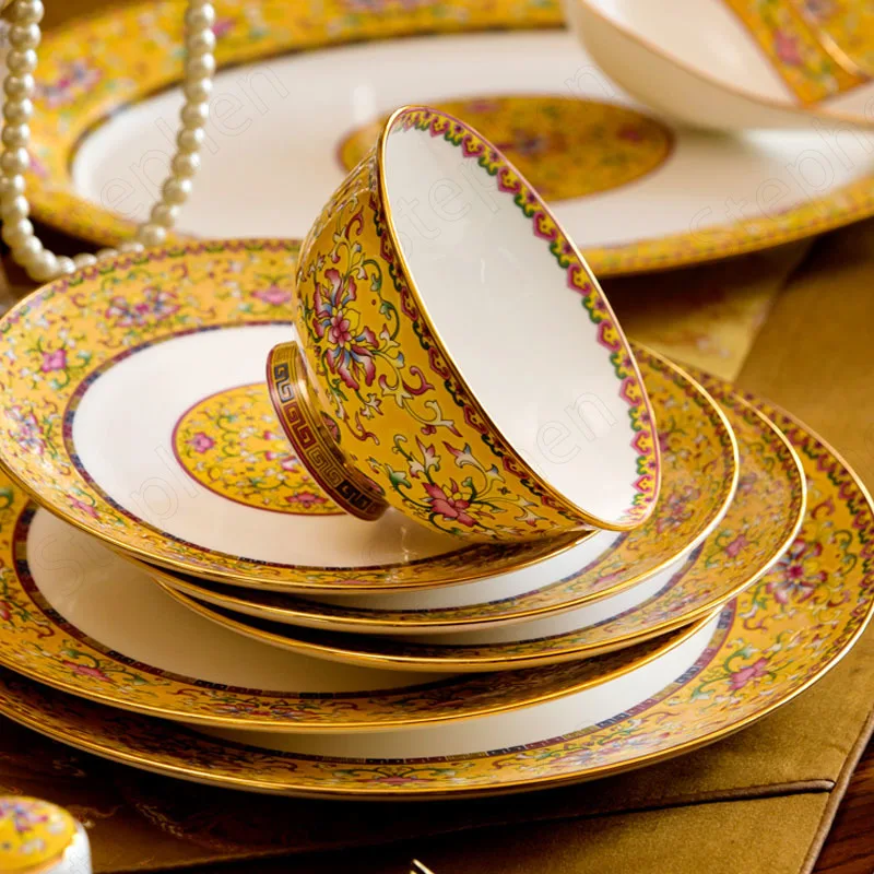 Chinese Enamel Dishes and Plates Sets Vintage Applique Craft Diner Plate Tableware Fish Dishes Golden Stroke Ceramic Ashtray