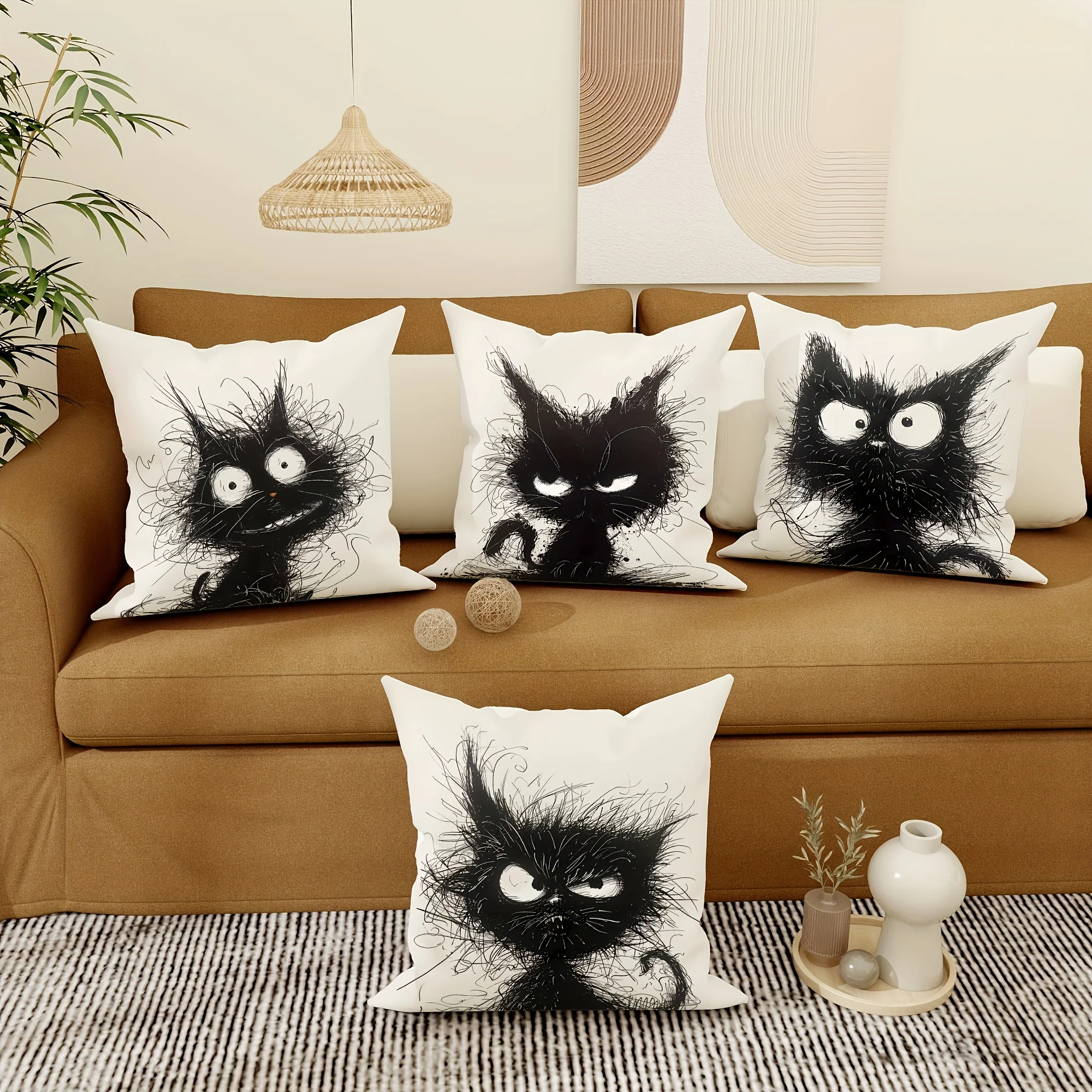 Description Picture 5 of item4-Pack Contemporary Style Throw Pillow Covers with Whimsical Cat Design,Machine Washable for Various Room Decor, 18x18 inches