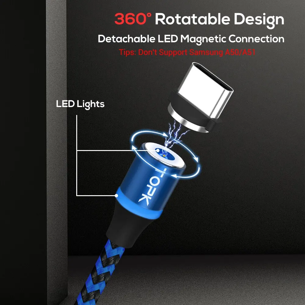 Magnetic Charging Cable 3 IN 1 360 Rotation Magnetic Phone Charger Cable With LED Light For Micro USB Type C