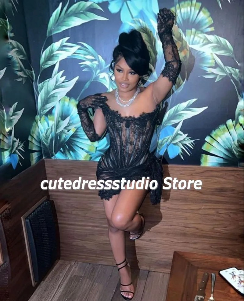 Little Black Cocktail Dresses With Gloves Strapless Lace Short Prom Gowns for Women Birthday Party Dress Vestidos De Graduaci&oacute;n