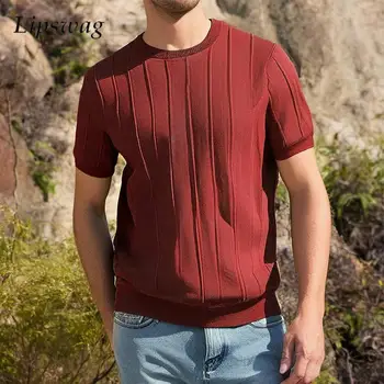 New Fashion Uomo Tinta unita Slim T-shirt lavorata a maglia Manica corta O Collo Maglione Top Uomo Estate Trendy T-shirt in maglia all'uncinetto a righe 1