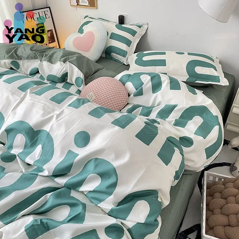 Korean Style Green Letter Bedding Set Twin Full Queen Size Bed Linen Girls Adult Bed Flat Sheet Pillowcase Kawaii Duvet Cover