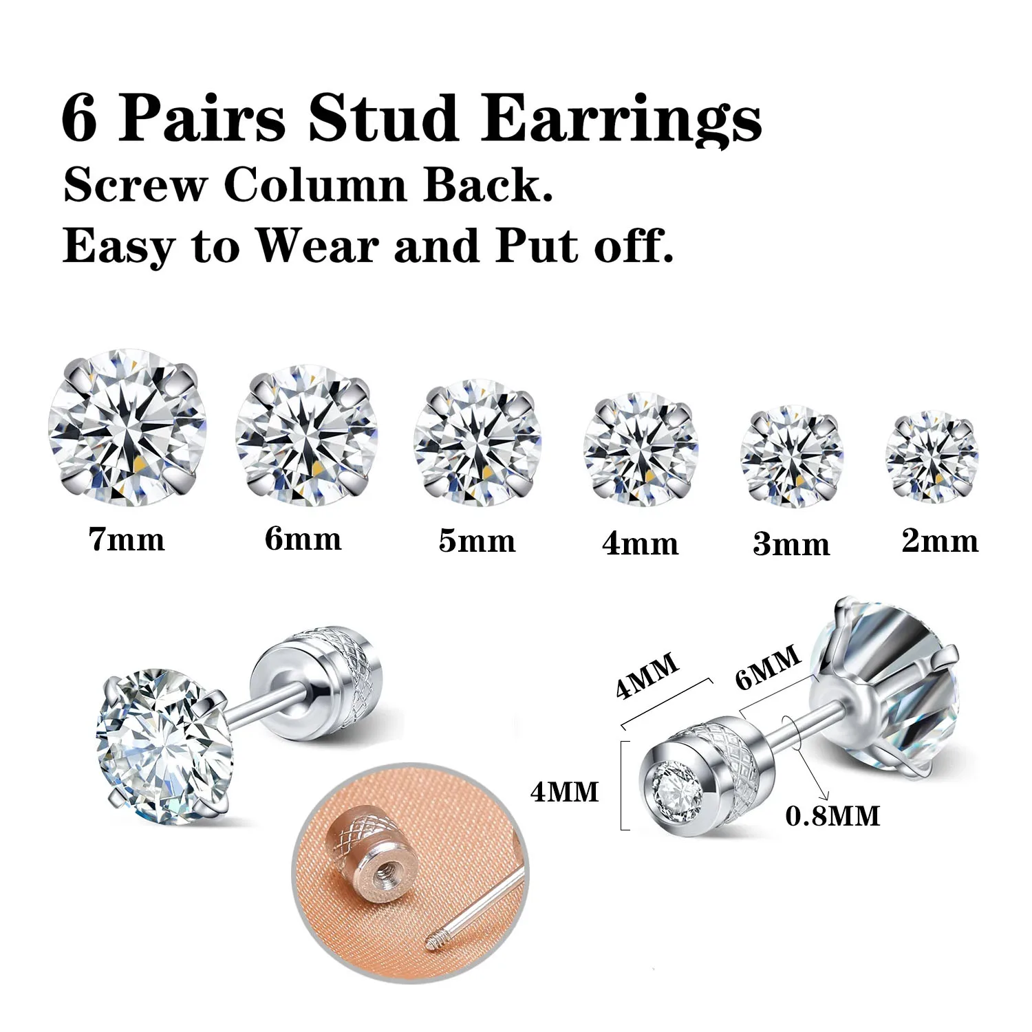  4 Pairs Cubic Zirconia Flat Back Stud Earrings, Screw