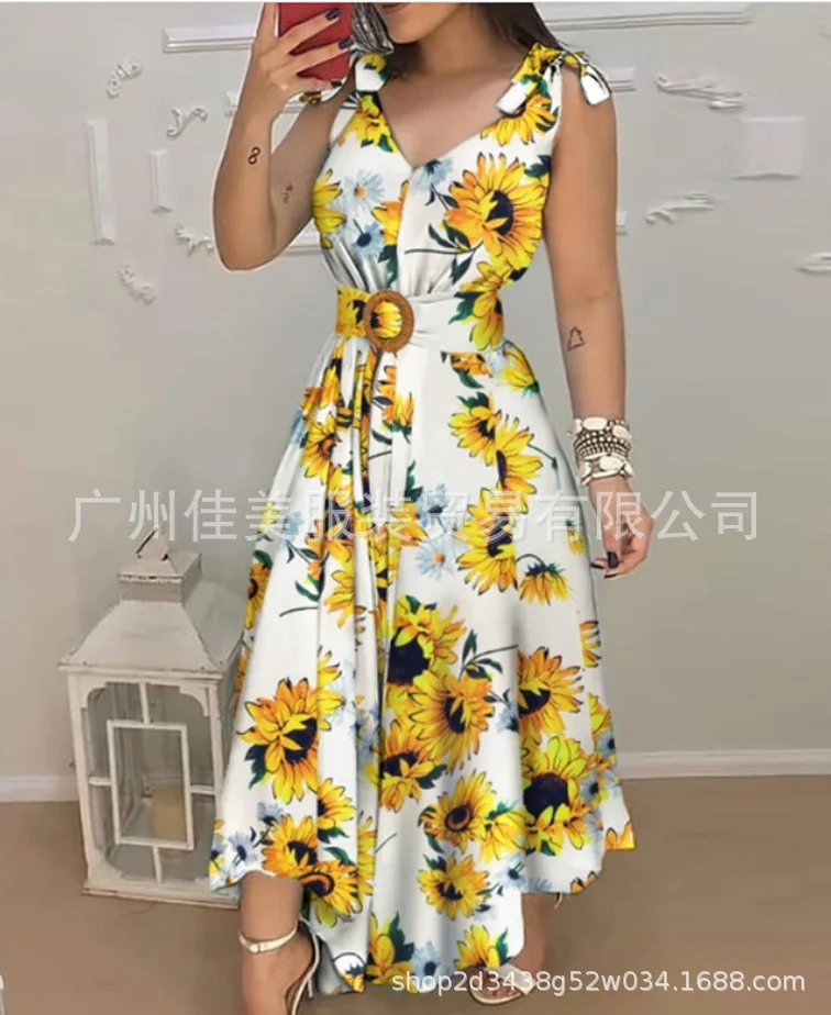 

2024 New European and American Blue Printed Sunflower Line Hanging Strap Dress Not Positioned, Including Belt