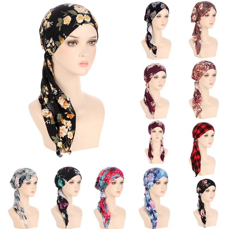 

KepaHoo Muslim Women Soft Turban Hat Pre-Tied Head Scarf Printed Ladiess Chemo Cap Ready To Wear Inner Hijabs Hair Accessories