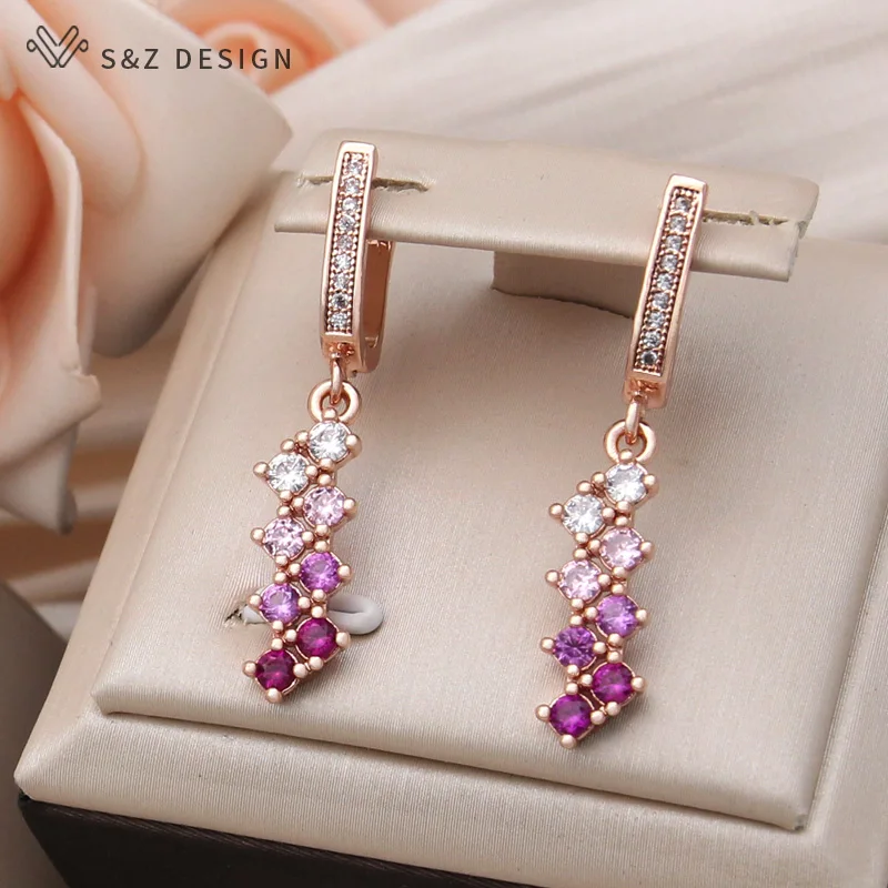 S&Z DESIGN New Fashion Elegant Pink Gradation Cubic Zirconia Dangle Earrings For Women Wedding 585 Rose Gold Color Jewelry Gift