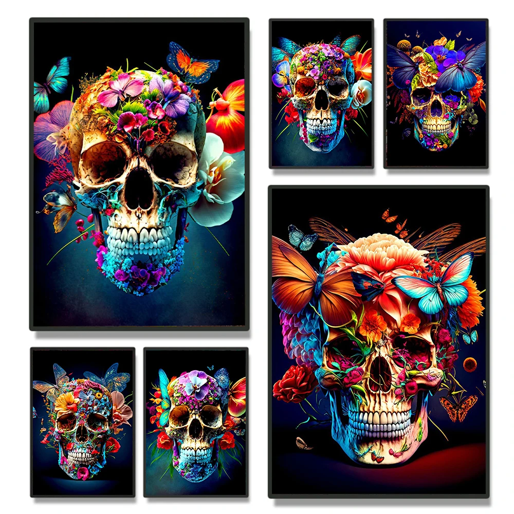 

Colorful Flower Butterfly Skull Poster Prints For Living Room Home Decor Gothic Abstract Cranium Canvas Painting Wall Art Cuadro