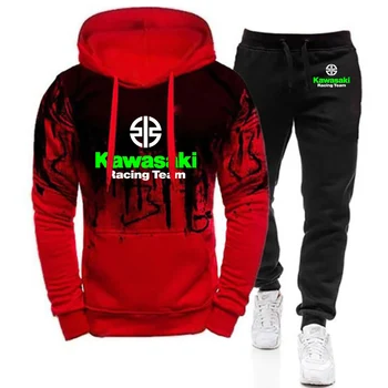 2025 Primavera e Autunno Uomo Kawasaki Moto Racing Team Logo Stampa Trendy Designer Sfumatura di colore Felpe con cappuccio + Pantaloni lunghi Tute 1