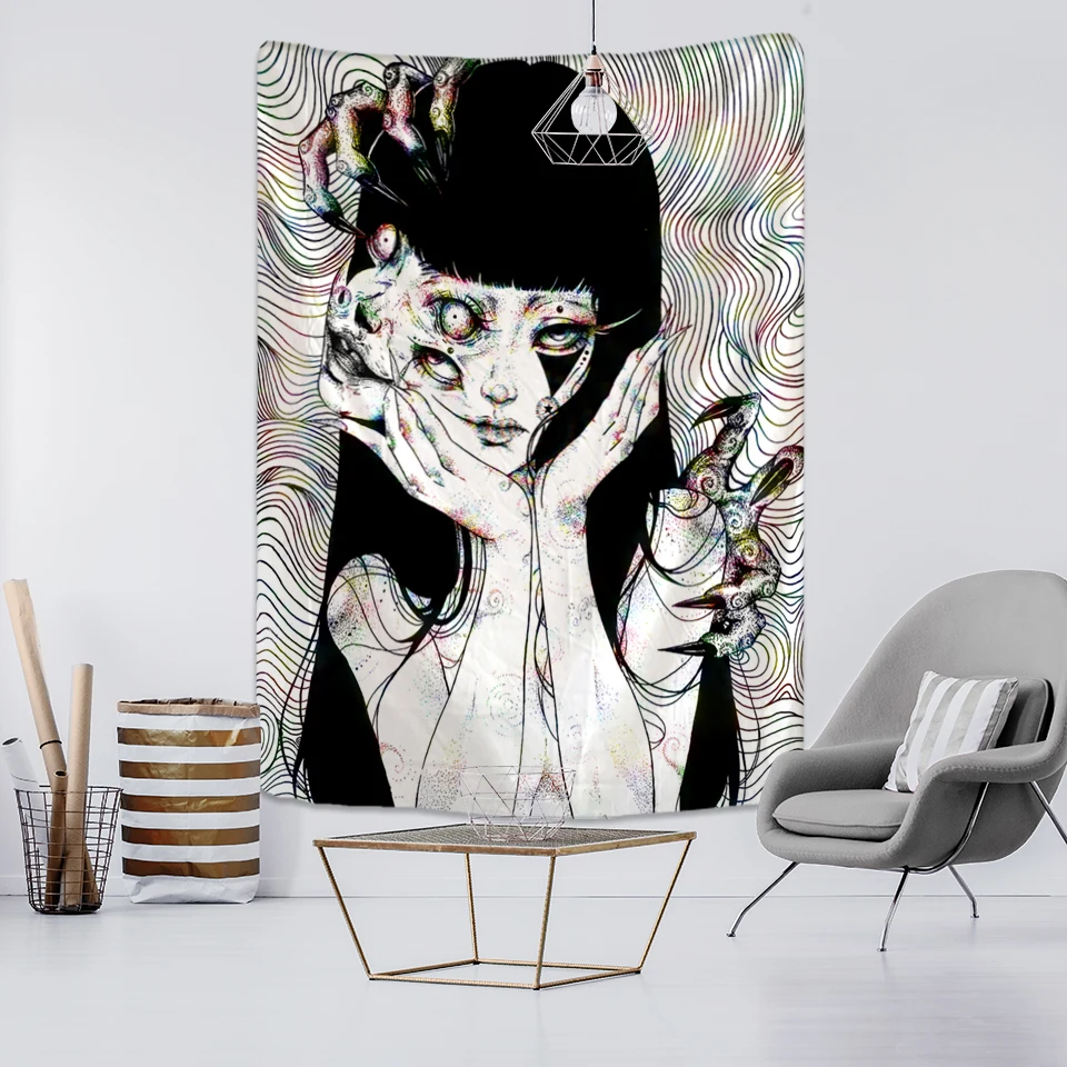 Japanese Horror Anime Wall Hanging Tapestry Mysterious Tapiz Cartoon Horror Illustration Kawaii Art Room Home Decor tapestry decorations
