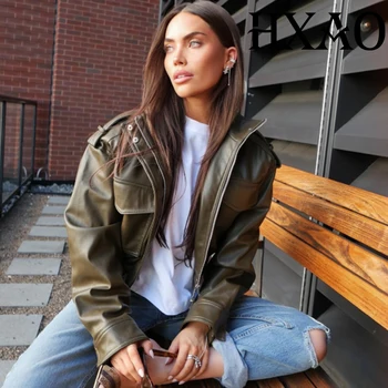 سترة نسائية من الجلد الصناعي من HXAO سترة منفوخة جديدة للموسم الجديد معطف قصير بأكمام طويلة جديد في ملابس خارجية معطف نسائي بسحاب