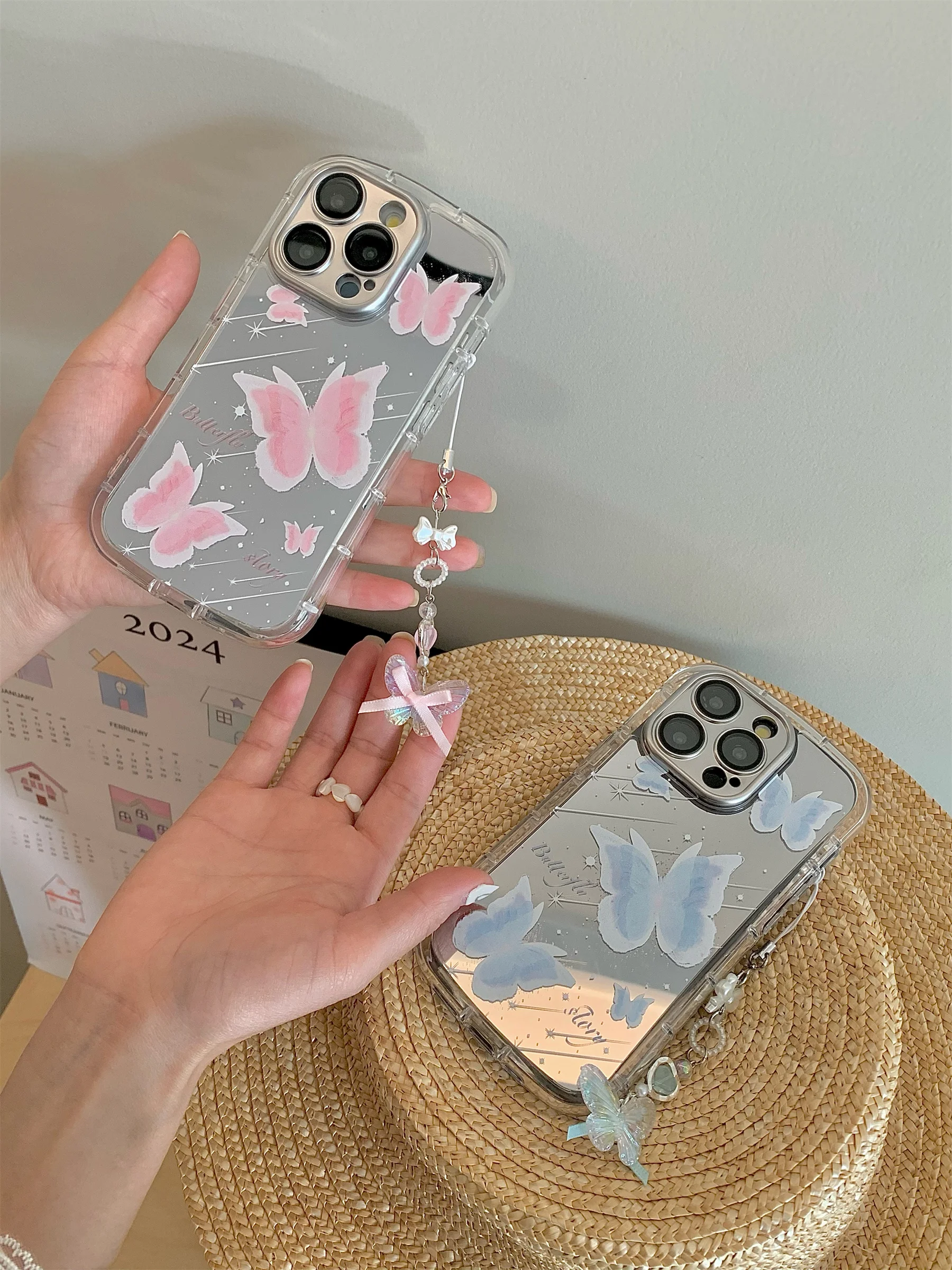 

Korean Luxury Reflective Mirror Butterfly Hanging Chain Case for iPhone 15 14 13 12 Pro Max Shockproof Back Cover For Girl Gift