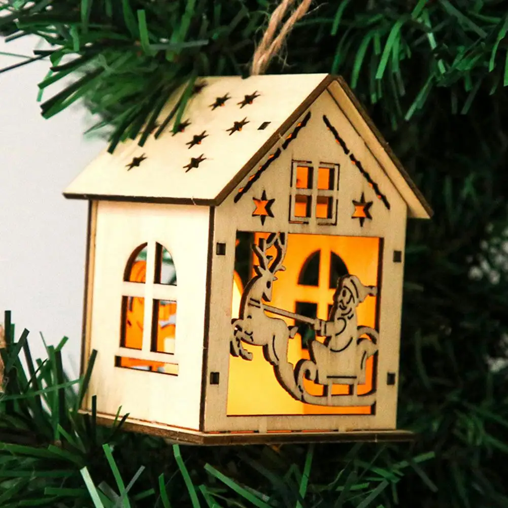 Christmas LED Wood House Ornaments Eco friendly Glowing Mini Personalize Illuminate Christmas Tree Pendant