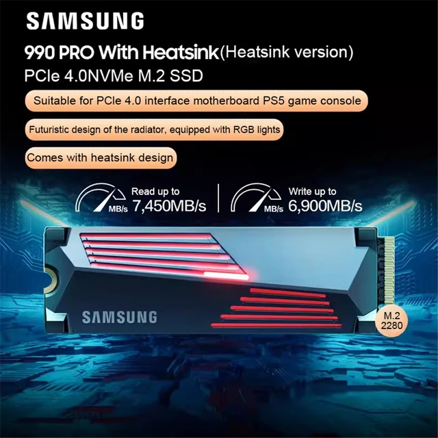 Samsung-Disque dur interne SSD 990 Pro avec dissipateur thermique, 1 To, 2  To, PCIe 4.0, NVMe M.2 2280, pour ordinateur portable et de bureau, PS5 -  AliExpress