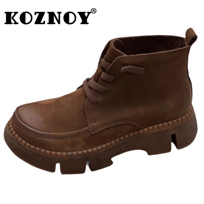 

Koznoy 4.5cm Retro Suede Genuine Leather Women Ankle Boots British Autumn Winter Plush Moccasins Rubber Soled Flats Lofers Shoes