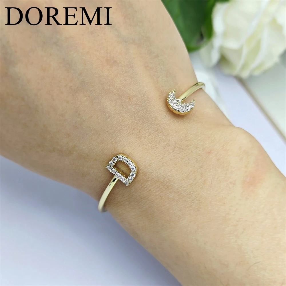 DOREMI Custom Initial Letter Birthstone Coloful Zircon Letter Cuff Bangle Women Custom Moon Star Heart Charm Bangle Gift Jewelry