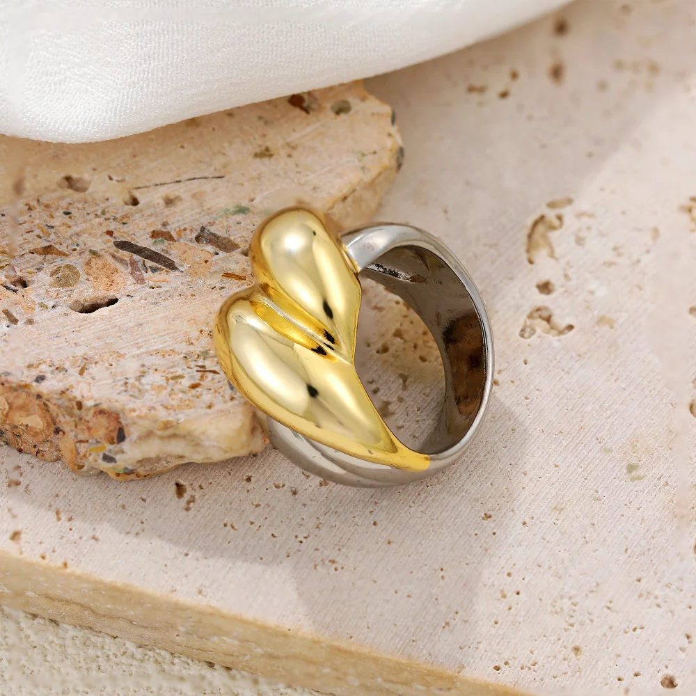 Two-tone Chunky Twist Rings for Women Girls Minimalist Double Layered Metal Stainless Steel Waterproof Knuckle Ring Punk Jewelry