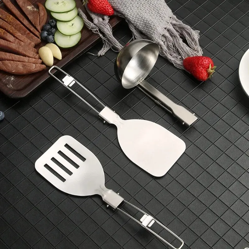 Kitchen Utensils 304 Stainless Steel Portable Kitchen Utensils Outdoor Picnic Camping Spatula Spoon Multifunctional Folding