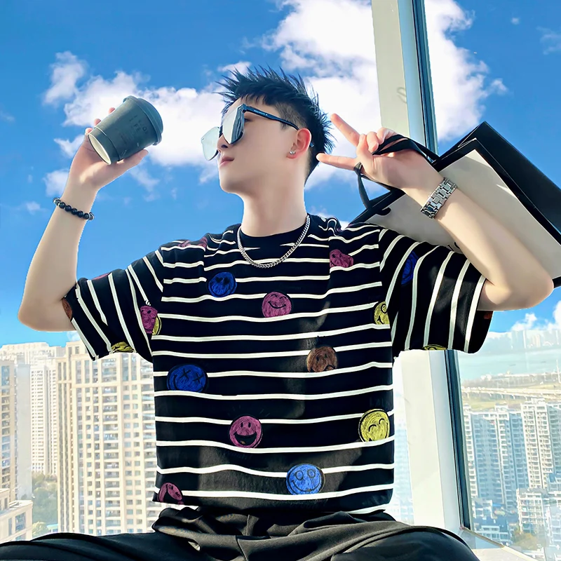 

Striped Cartoon Embroidery T Shirt For Men Short Sleeved Fashion Summer Quality Cotton Blends Easy Care Tees Camisetas De Hombre