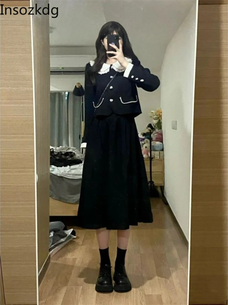 Insozkdg corta de Tweed para mujer, coreana, traje gris, cárdigan, de línea A, faldas plisadas negras, de 2 piezas, 2022| | - AliExpress