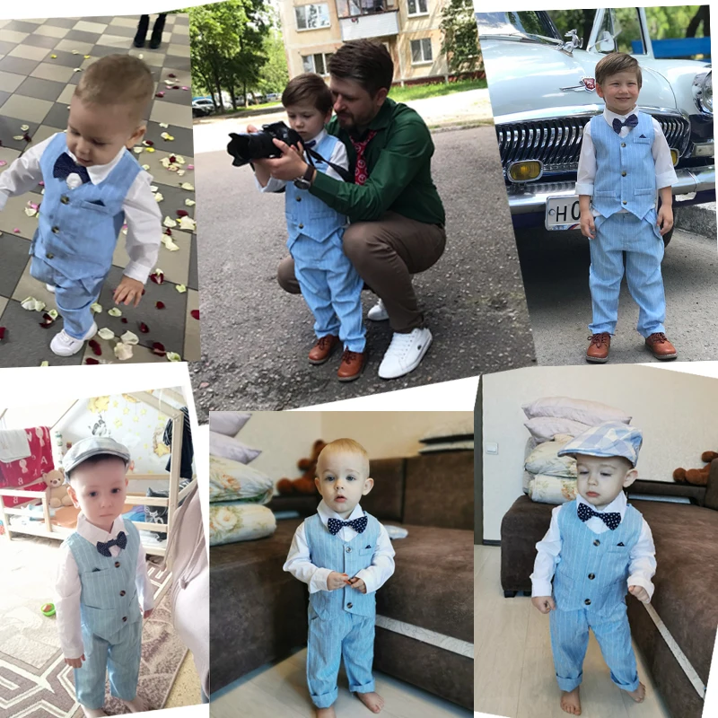 Kid Boy Formal Birthday Outfit Suit Toddler Gentleman Wedding Striped Vest Shirt 1-6 Years Baby Pants Boys Ceremony Outerwear kids clothes
