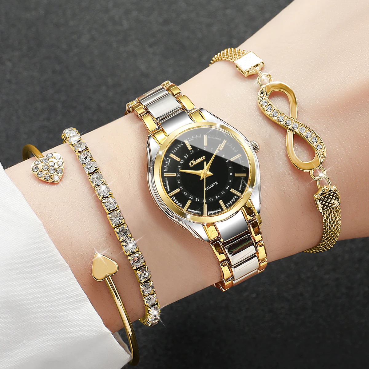 4pcs/set Women's Watch Fashion Casual Digital Scale Dial Elegant Trendy Quartz Watch Bracelet Set (Box Not Included)