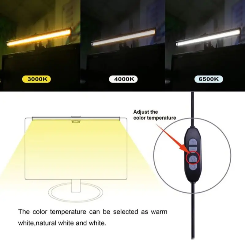 눈 관리를 위한 눈부심 없는 LED 작업 램프, USB 전원 컴퓨터 모니터 조명, 책상 공간 절약, 3 색 온도