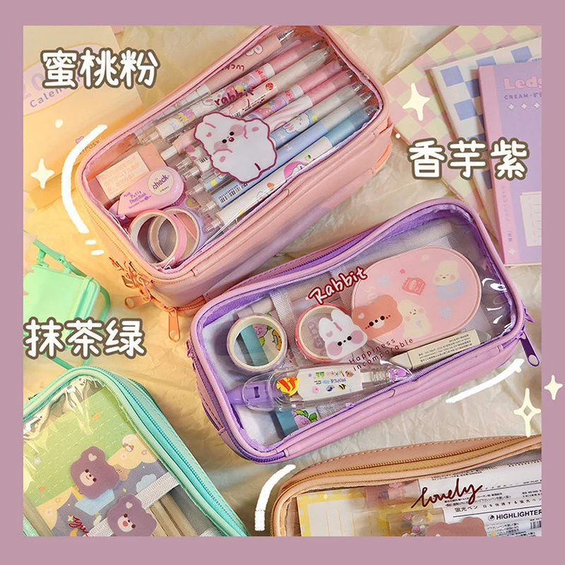 Cute Pencil Bag Transparent PVC Student Cartoon Pencil Case Large Capacity Kawaii Bag Korean Stationery