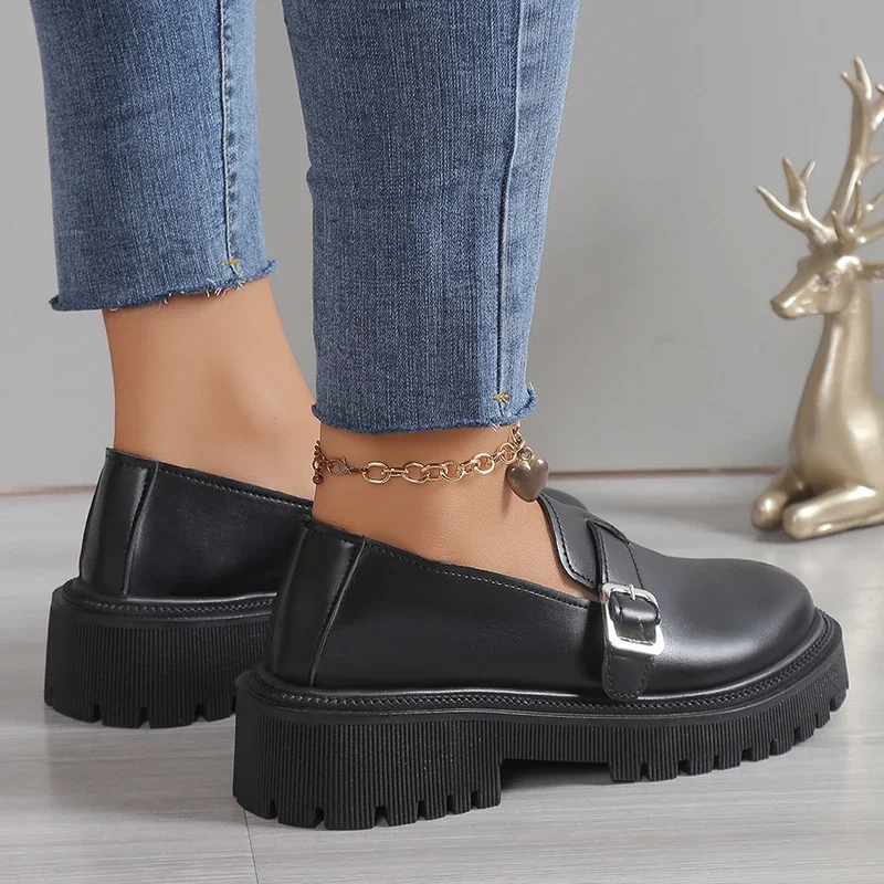 Fashion Buckle Patent Leather Loafers Women Spring Platform Gothic Shoes Woman Casual Non-Slip Flats Shoes Ladies