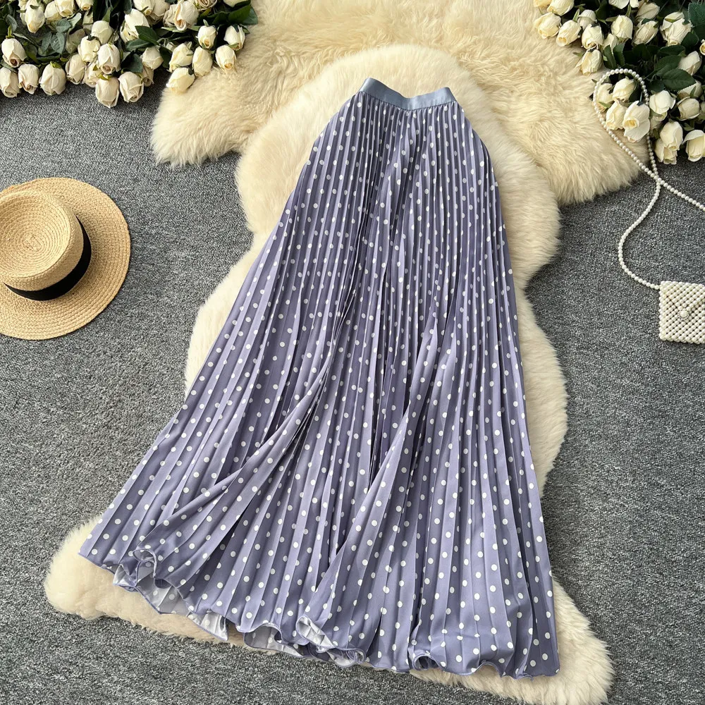Korean Style Polka Dot Print Pleated A-line Long Skirts Women 2026 Spring Summer High Waist Casual Skirt
