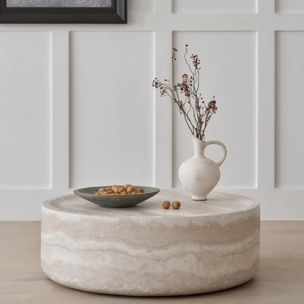 Modern Round Faux Travertine Coffee Table - Textured Fiberglass Center & Side Table for Living Room & Office 5