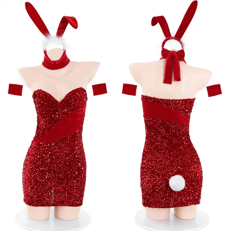 

2023 Rabbit Year Women Red Bling Sequin Strapless Dress Unifrom Bunny Girl New Year Party Dress Outfits Costumes Cosplay
