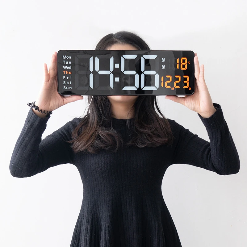 Grande orologio da parete elettronico con telecomando, temperatura, data, spegnimento, memoria, orologio da tavolo, doppio allarme, orologi digitali a LED montati a parete_voghion.com