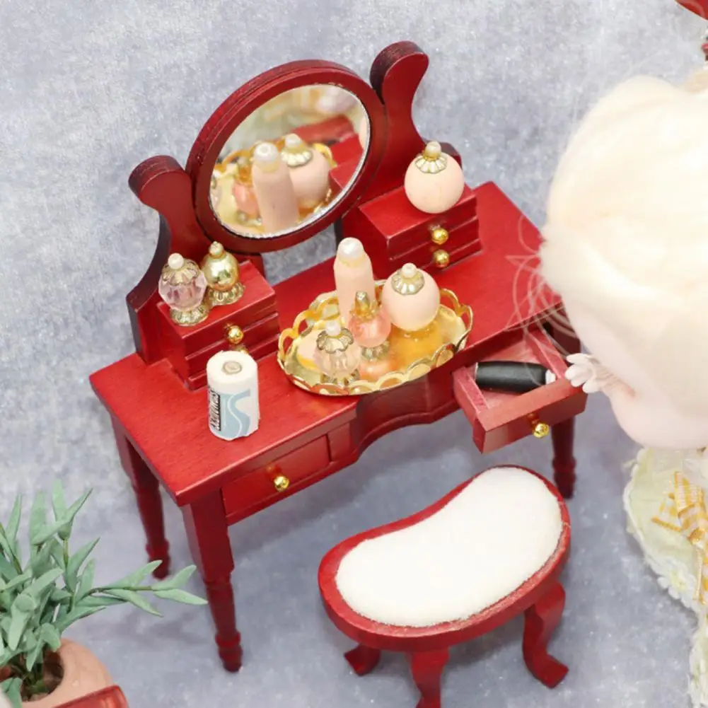 

Dollhouse Dressing Table Beautiful Red Wood Color with Drawer for Entertainment Cabinet Model Mini Makeup Table