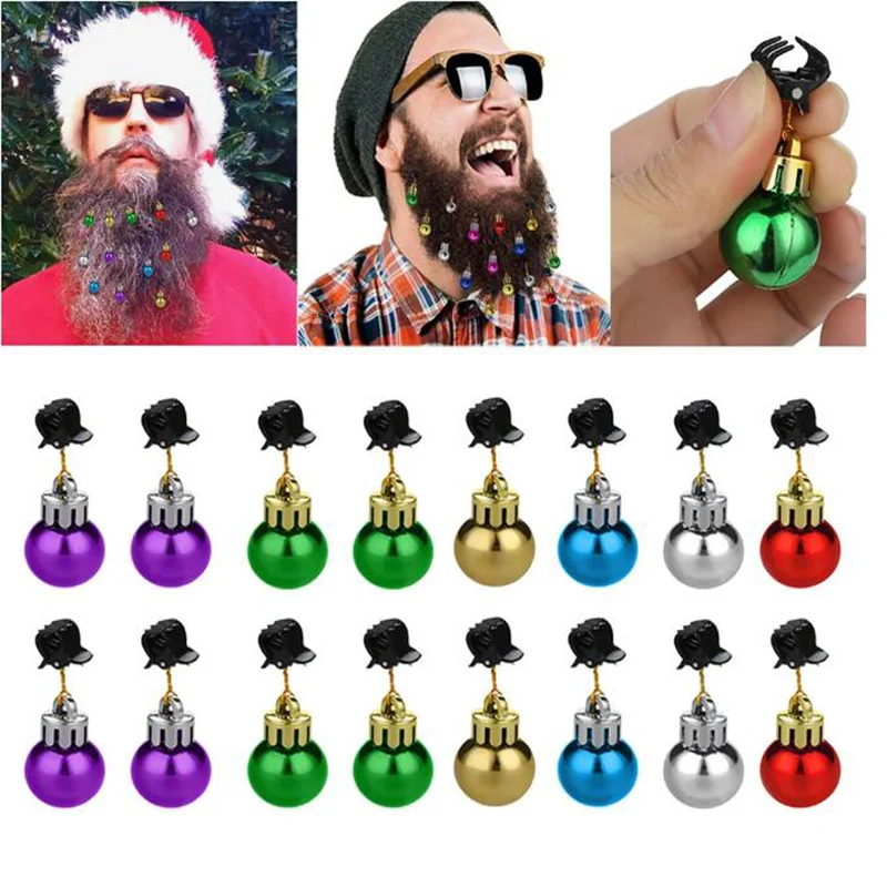 12PCS Christmas Bulb Beads Beard Ornament Colorful Christmas Clip Ball Ornament Xmas Beard Pendant Bright XMAS Ball Cosplay Toy