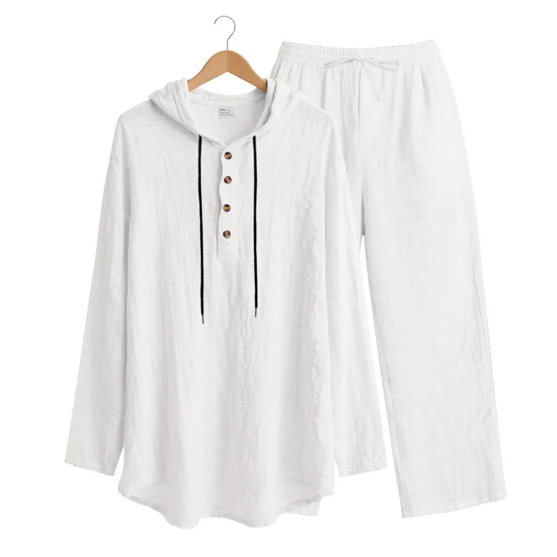 طقم كتان رجالي غير رسمي من قطعتين لفصلي الربيع والصيف، قميص هنلي بقلنسوة وبنطلون فضفاض، مريح للتنفس ومناسب للإجازات الخارجية