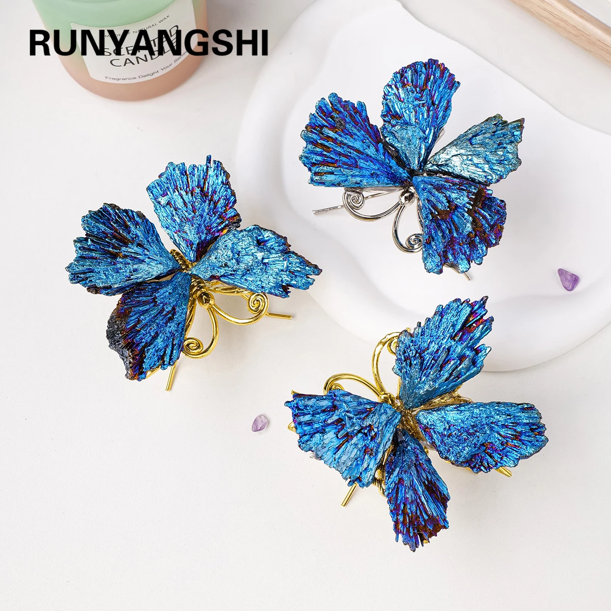 1PC Natural Crystal Stone Reiki Gemtone Healing Aura Tourmaline Blue Flame Butterfly Animal Statue Decoration