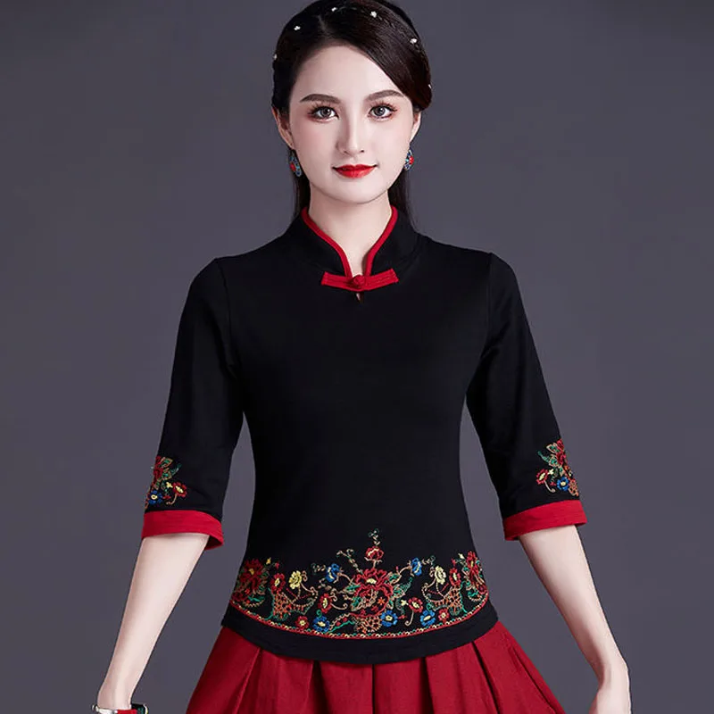 Cheongsam Womens Plus Size Tops 2024 Fashion Cotton Blend Embroidery Splicing Tradition Chinese Style Dance Costume Shirts Woman