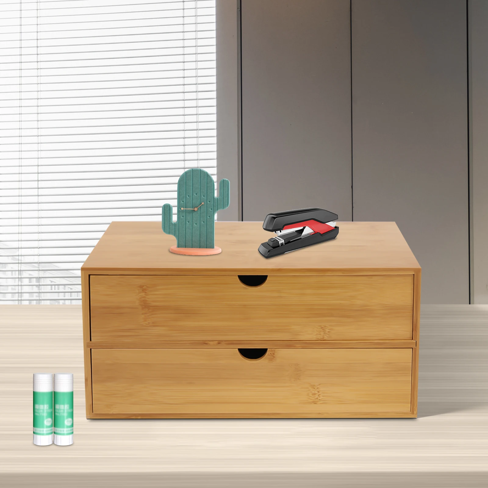 Office Minimalist Mini Bamboo Drawer Style Desktop Storage Box, Home Cosmetics Storage Box, No Assembly Required 2