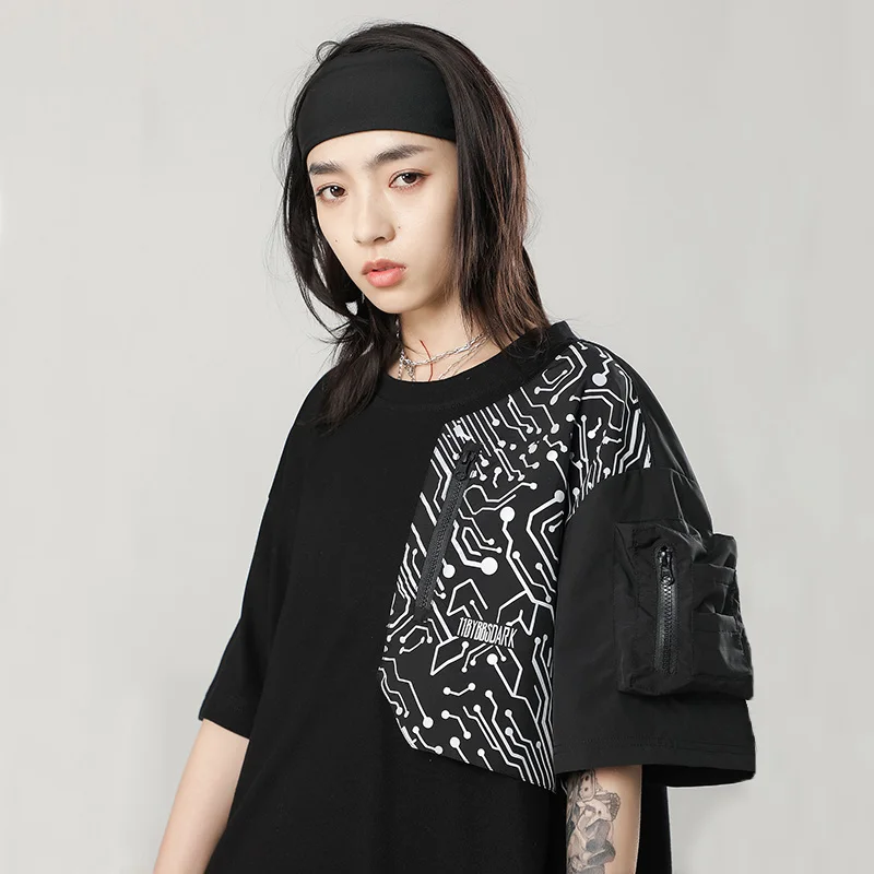 

Summer Unisex Functional Cyberpunk Tees Night Walker Reflective Short Sleeve T-Shirt Men'S Clothing Harajuku Hiphop Oversize Top