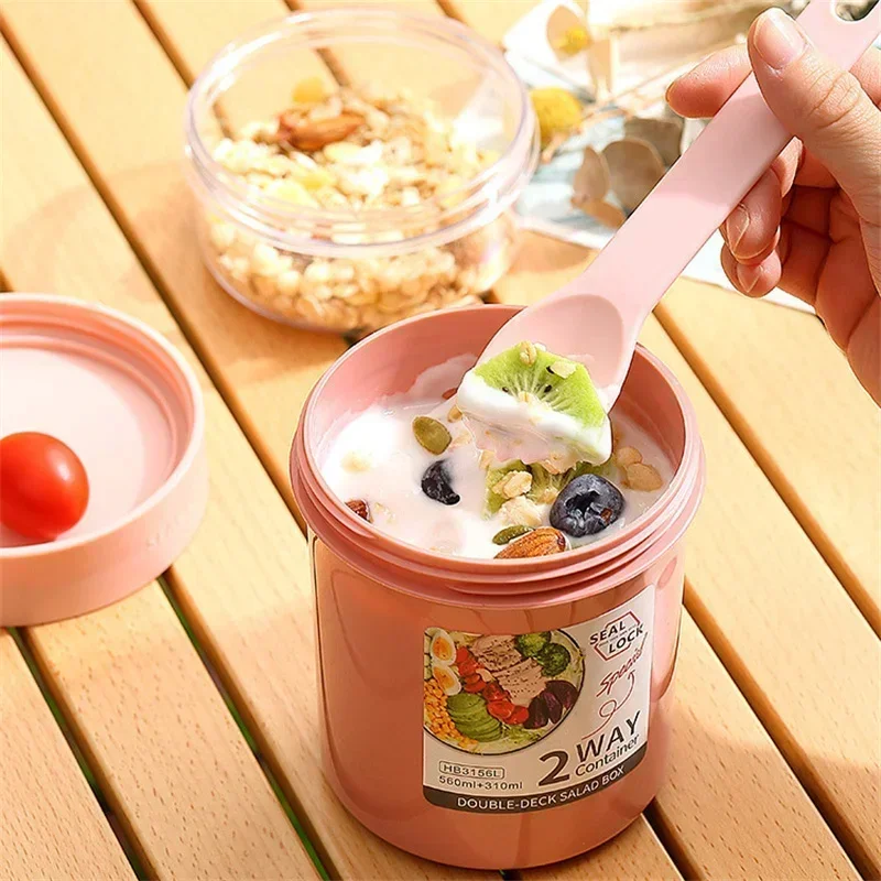 Bento Lunch Box Salad Oatmeal Breakfast Double Cup Cereal Nut Yogurt Container Set With Dressing Holder Fork Meal Preparation - 5