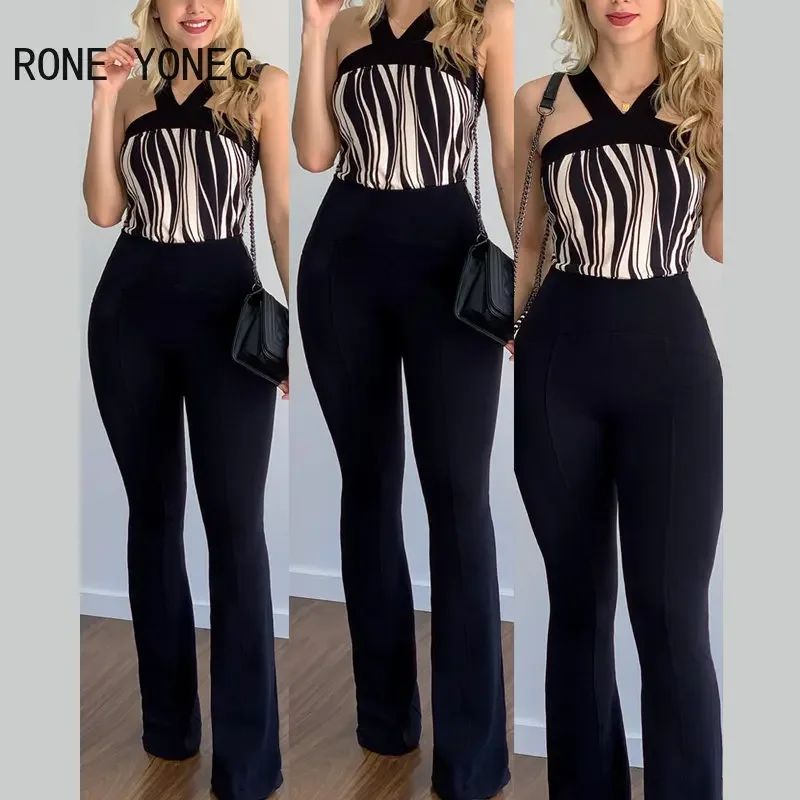 

Женский Шикарный комплект из укороченного топа без рукавов с лямкой на шее и однотонных брюк с высокой талией