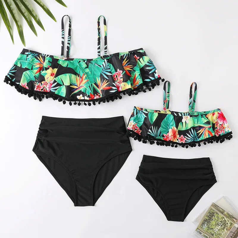 

Boat Neck Mother Daughter Matching Swimsuits Family Set Flower Mommy and Me Bikini Dresses Clothes Tank Women Girls Swimwear