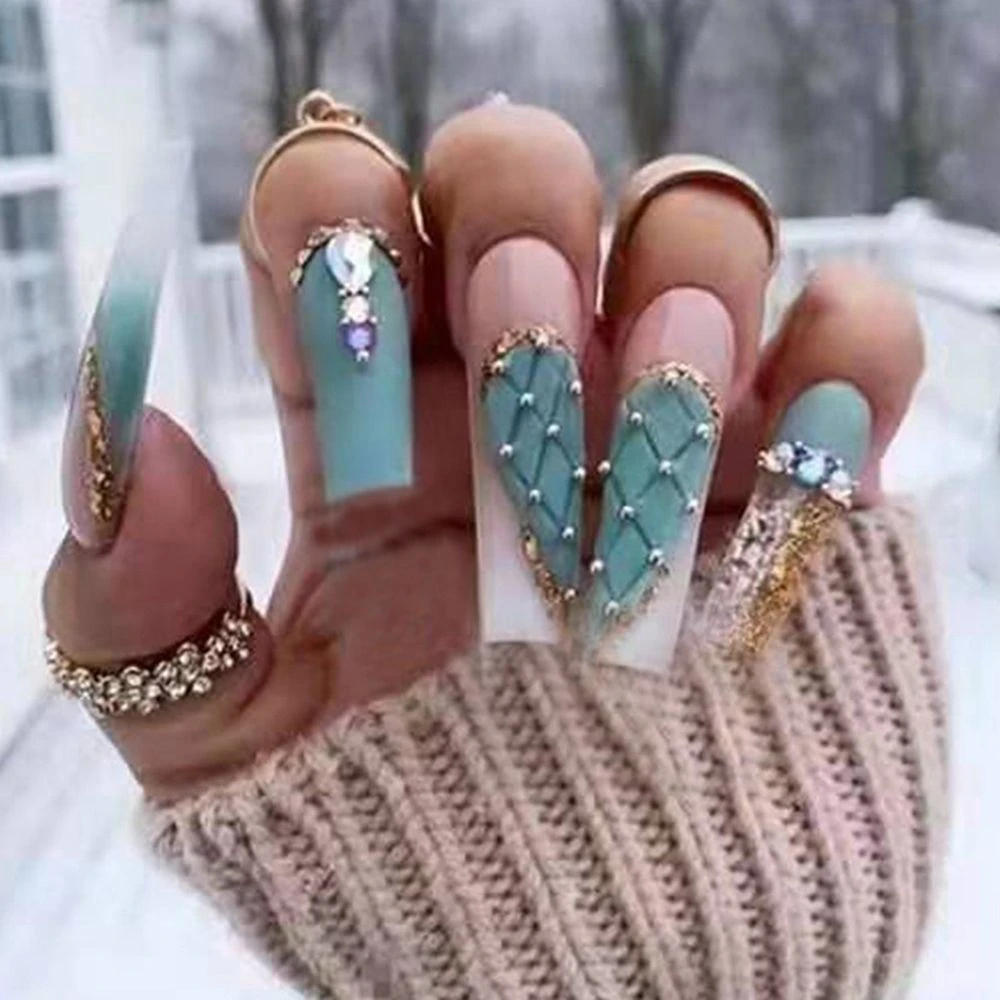 Press On Nails Long Coffin False Nails French Ballerina Green Plaid With  Diamond Gold Foil Design Fake Nails Full Cover Nail Tip - False Nails -  AliExpress
