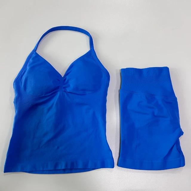 No Logo 2Pcs Gym Set Women Backless Tank Tops High Waist Scrunch Seamless Shorts Gym Suit Fitness Clothes Activewear Workout Set 6