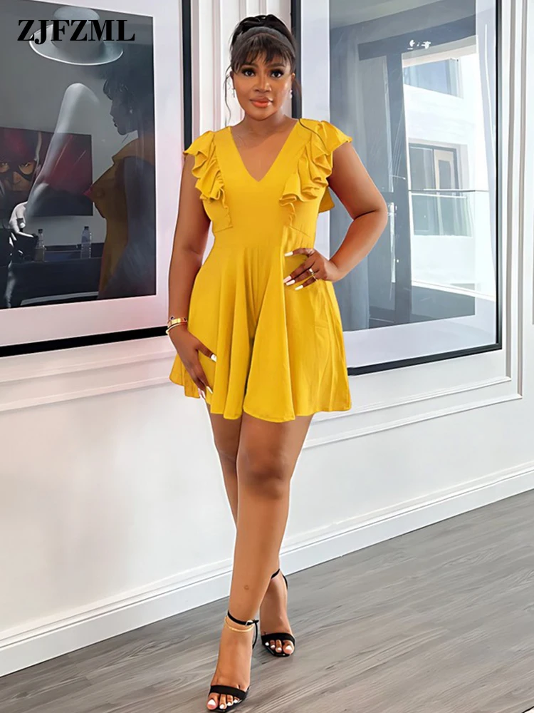 

High Waist Short Jumpsuits for Women Plunge V Neck Butterfly Sleeve Waist Shaped Pleated Playsuit Summer Autumn Flowy Bodysuits