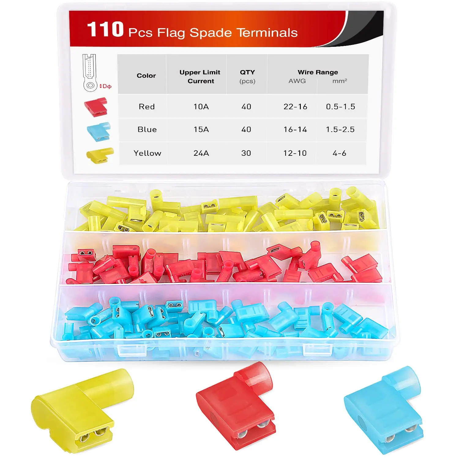 Nilight - Juego de 110 Terminales Eléctricos de Nylon con Aislamiento, Tipo Pala, Desconexión Rápida, Calibres 22-18, 16-14, 12-10